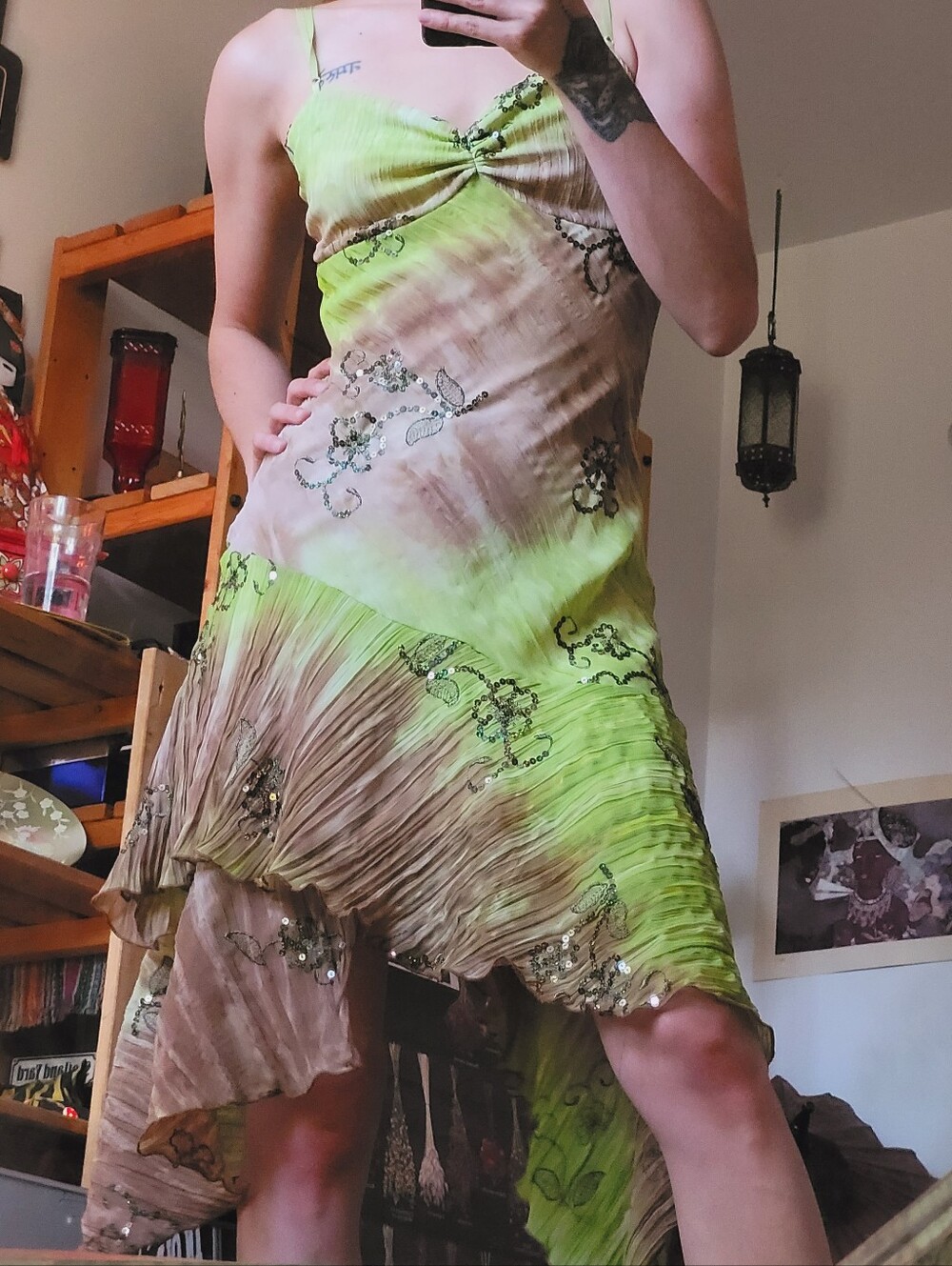 Twik Fairy Y2k Vintage Lime Green & Brown Sequins Asymmetrical Slip Dress - M